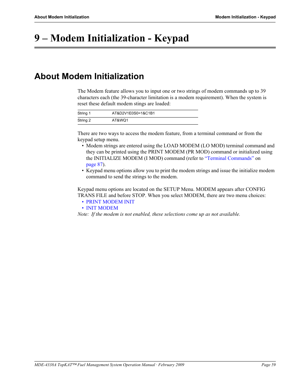 9 - modem initialization - keypad, About modem initialization, 9 – modem initialization - keypad | Gasboy TopKAT Operation Manual User Manual | Page 67 / 160