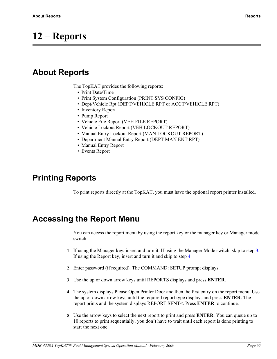 12 - reports, About reports, Printing reports | Accessing the report menu, 12 – reports | Gasboy TopKAT Operation Manual User Manual | Page 73 / 160