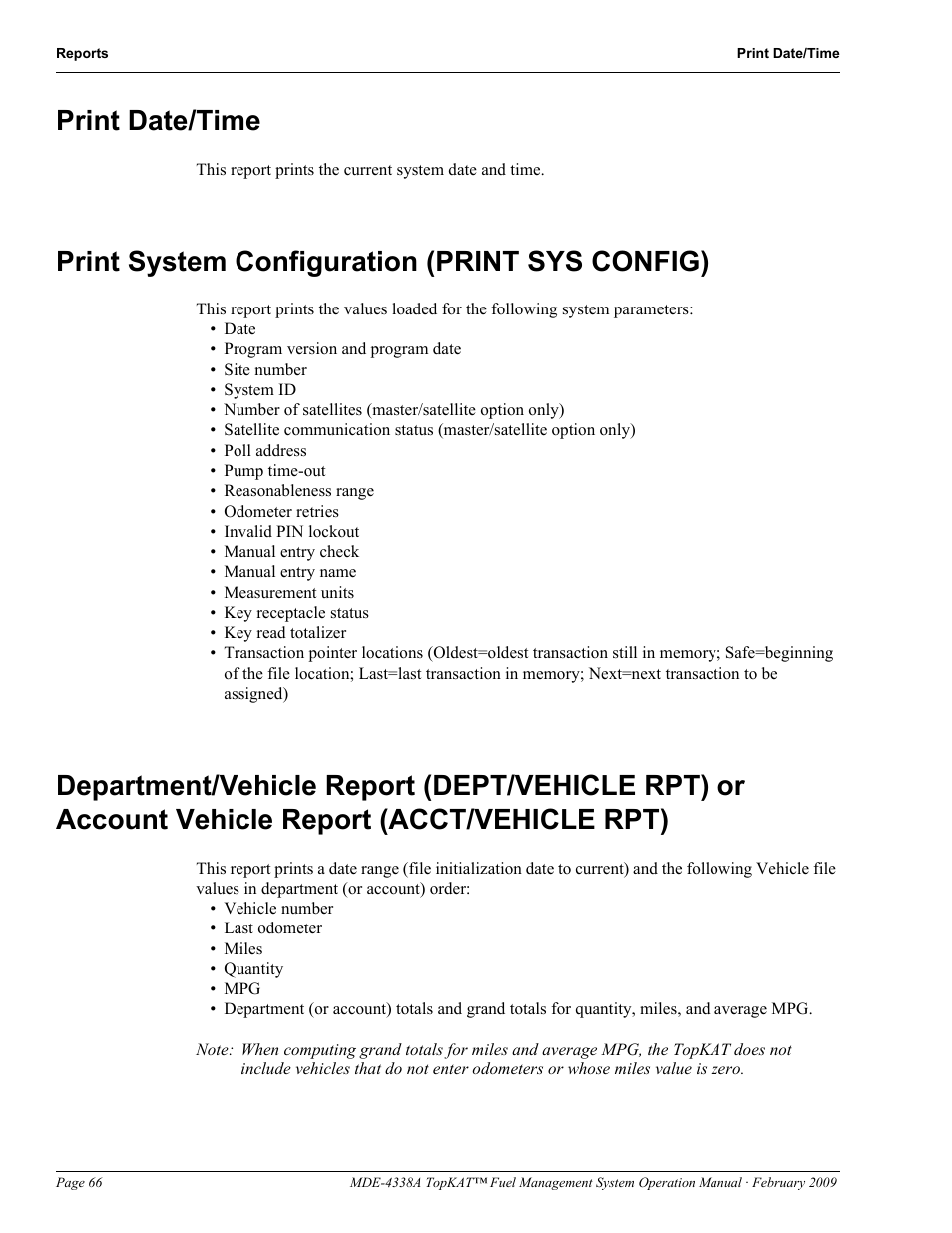 Print date/time, Print system configuration (print sys config), Account vehicle report (acct/vehicle rpt) | Gasboy TopKAT Operation Manual User Manual | Page 74 / 160