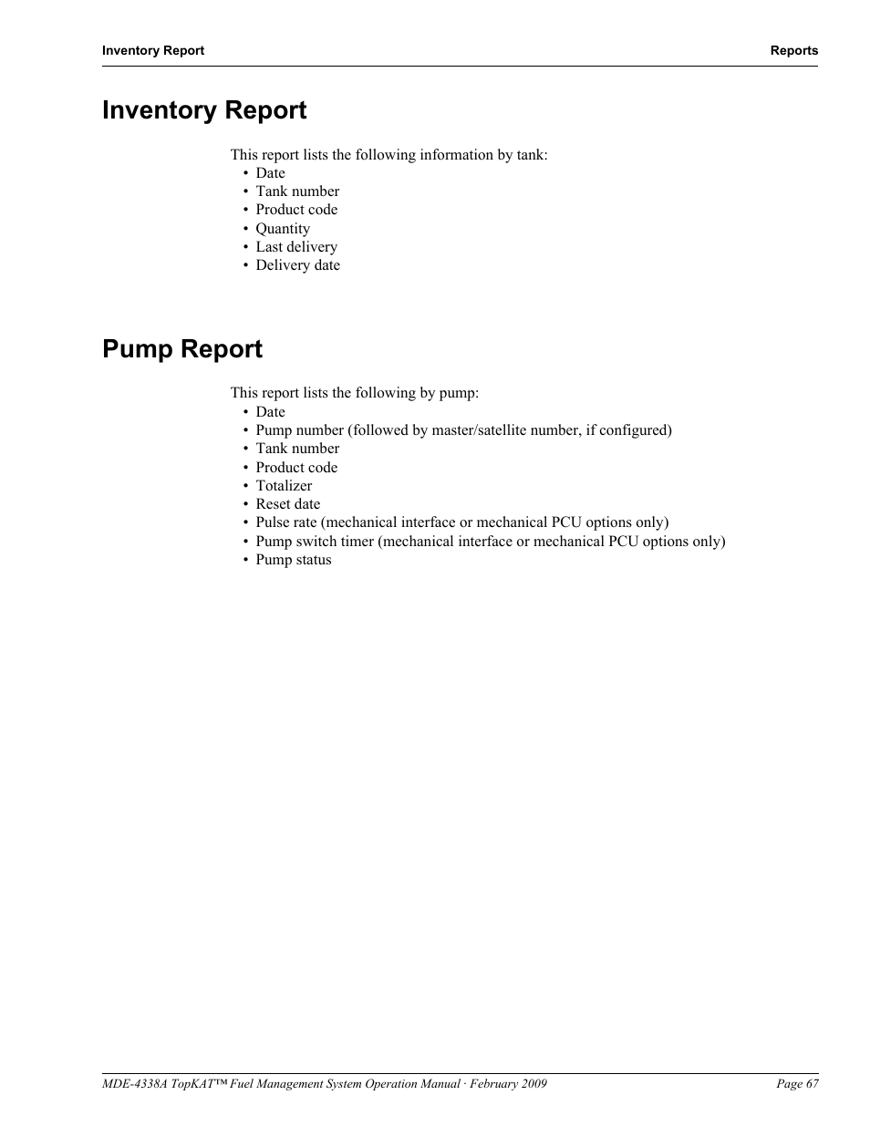 Inventory report, Pump report, Inventory report pump report | Refer to | Gasboy TopKAT Operation Manual User Manual | Page 75 / 160
