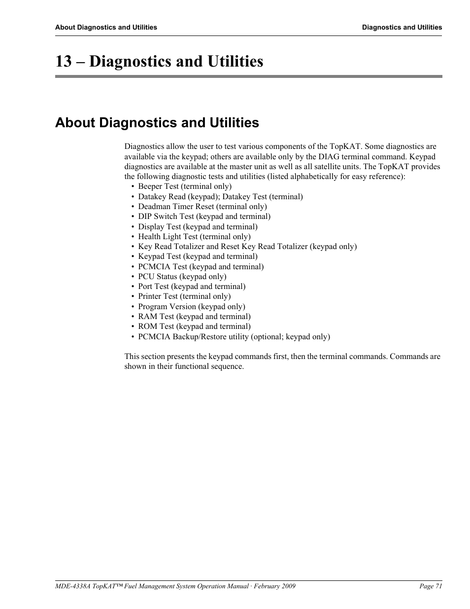 13 - diagnostics and utilities, About diagnostics and utilities, 13 – diagnostics and utilities | Gasboy TopKAT Operation Manual User Manual | Page 79 / 160