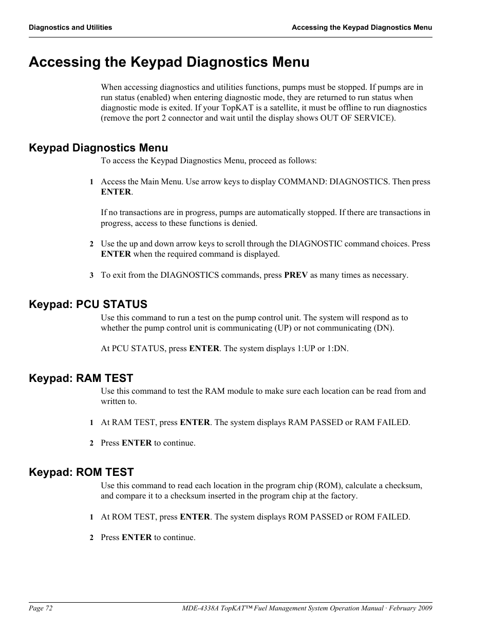 Accessing the keypad diagnostics menu, Keypad diagnostics menu, Keypad: pcu status | Keypad: ram test, Keypad: rom test | Gasboy TopKAT Operation Manual User Manual | Page 80 / 160