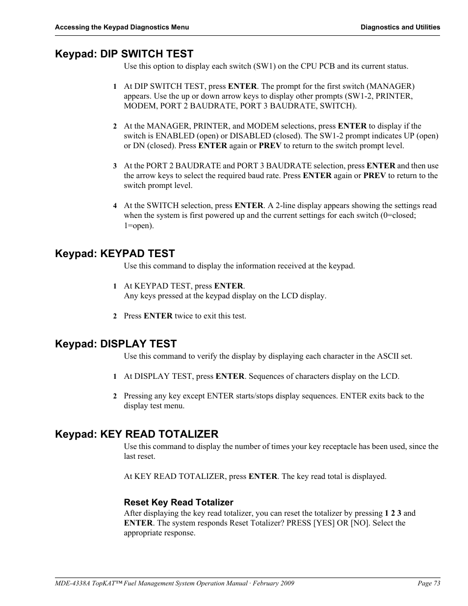 Keypad: dip switch test, Keypad: keypad test, Keypad: display test | Keypad: key read totalizer | Gasboy TopKAT Operation Manual User Manual | Page 81 / 160