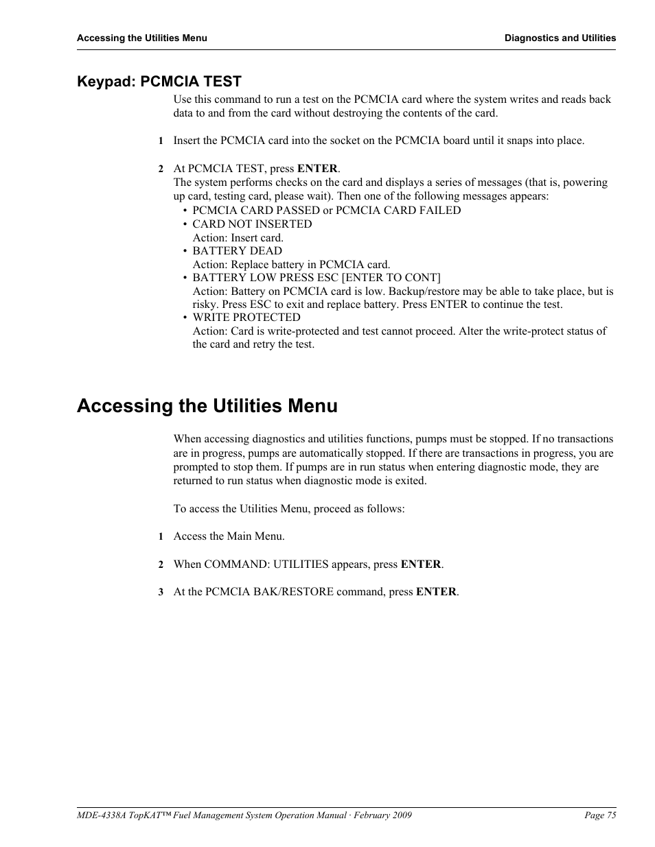 Keypad: pcmcia test, Accessing the utilities menu | Gasboy TopKAT Operation Manual User Manual | Page 83 / 160