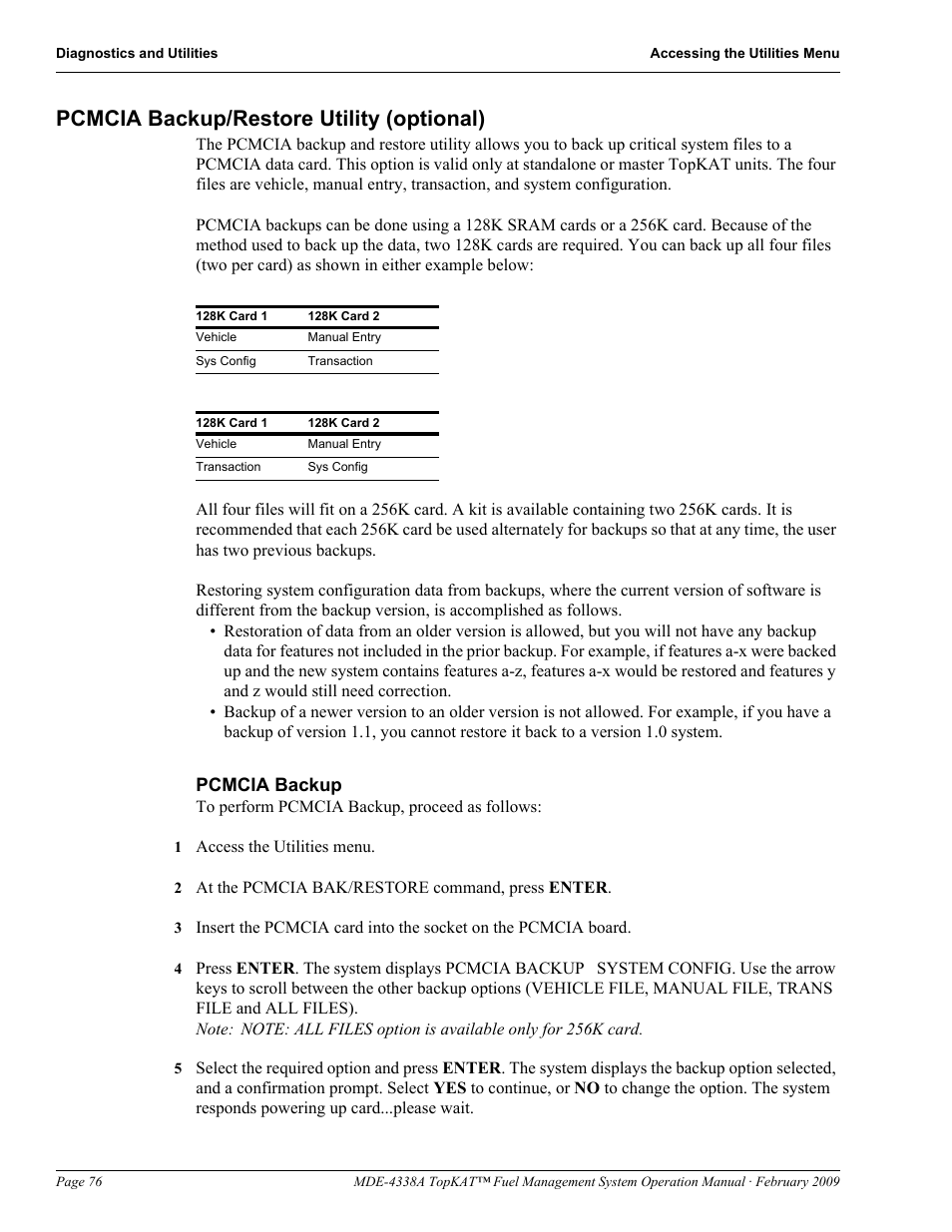 Pcmcia backup/restore utility (optional) | Gasboy TopKAT Operation Manual User Manual | Page 84 / 160
