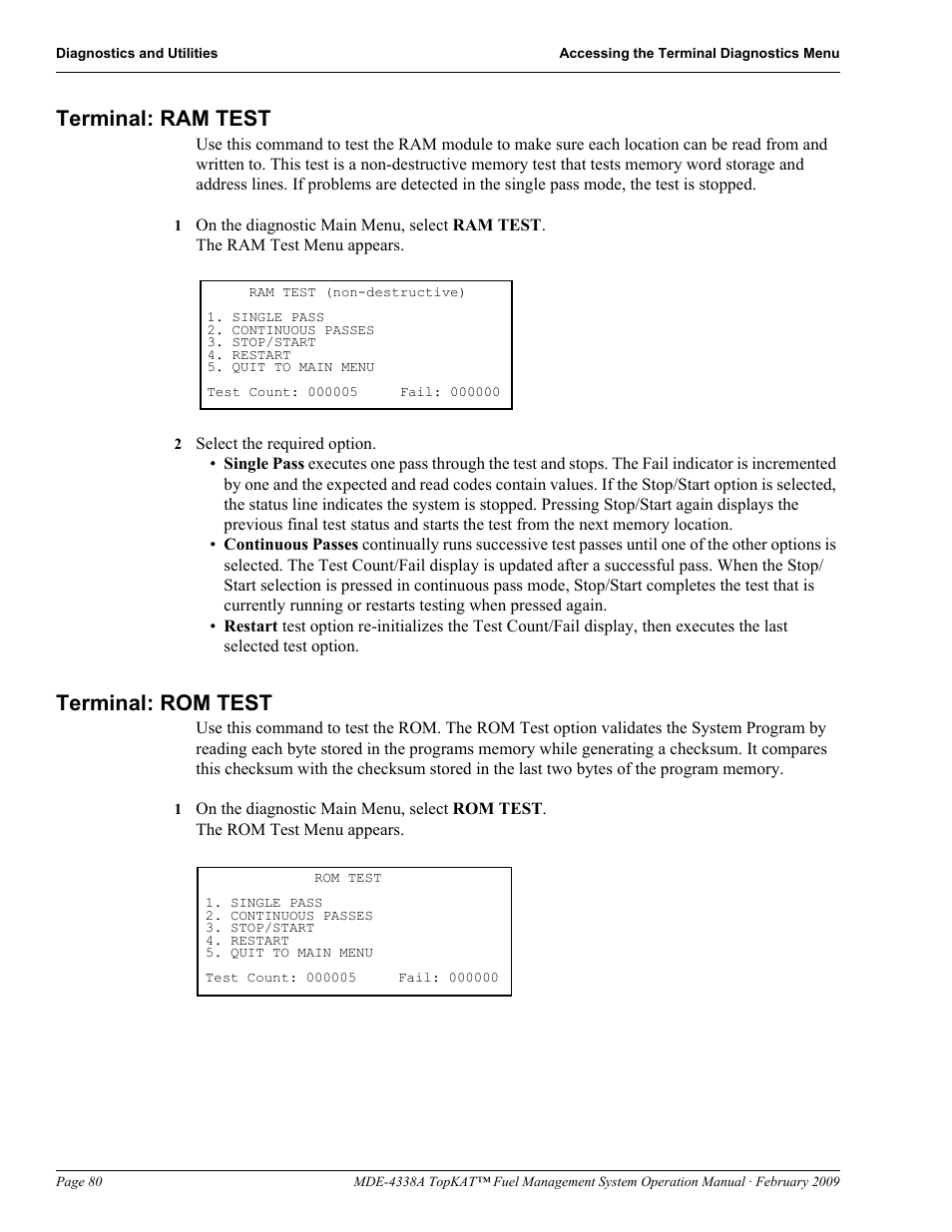 Terminal: ram test, Terminal: rom test, Terminal: ram test terminal: rom test | Gasboy TopKAT Operation Manual User Manual | Page 88 / 160