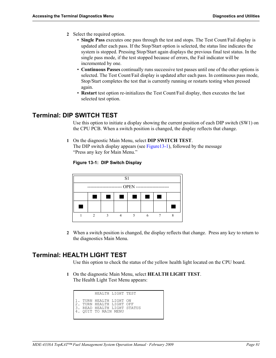 Terminal: dip switch test, Terminal: health light test | Gasboy TopKAT Operation Manual User Manual | Page 89 / 160