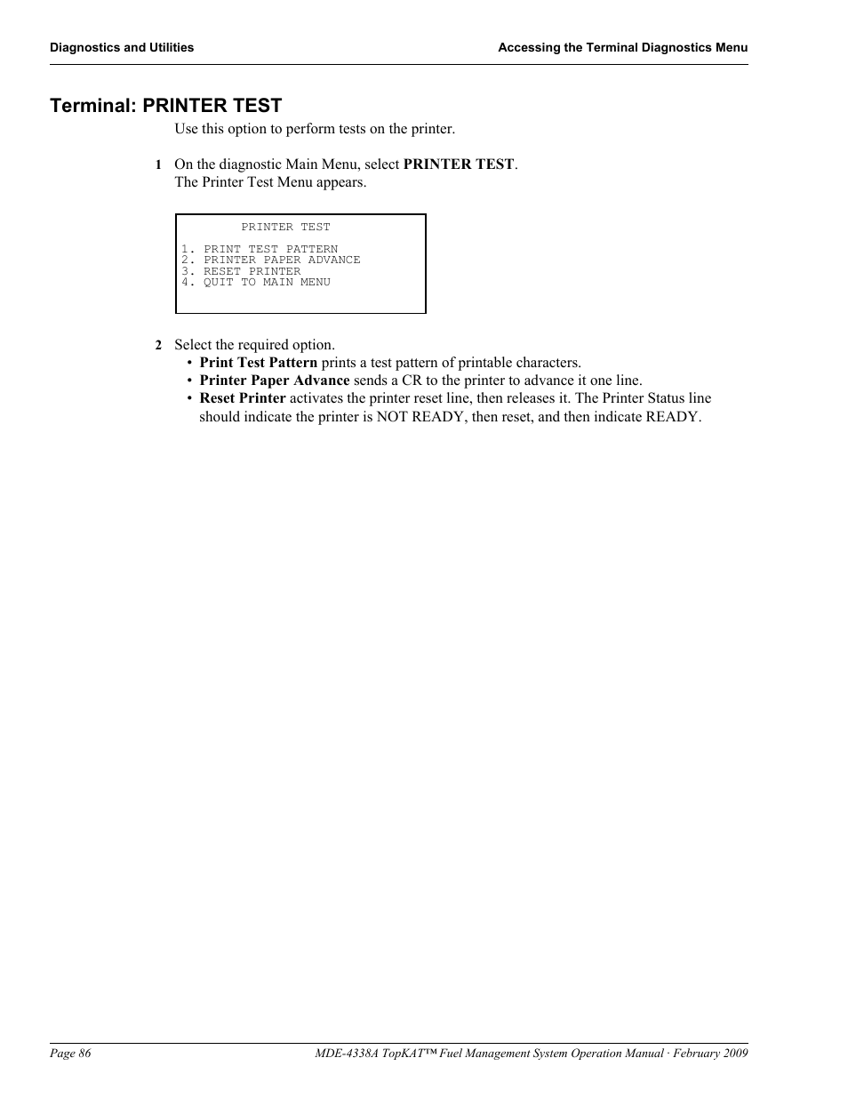 Terminal: printer test | Gasboy TopKAT Operation Manual User Manual | Page 94 / 160