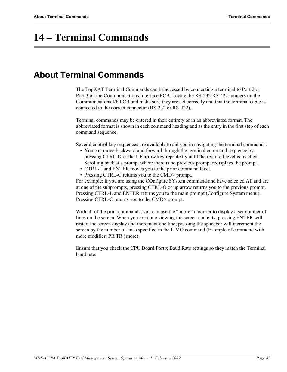 14 - terminal commands, About terminal commands, 14 – terminal commands | Terminal commands | Gasboy TopKAT Operation Manual User Manual | Page 95 / 160