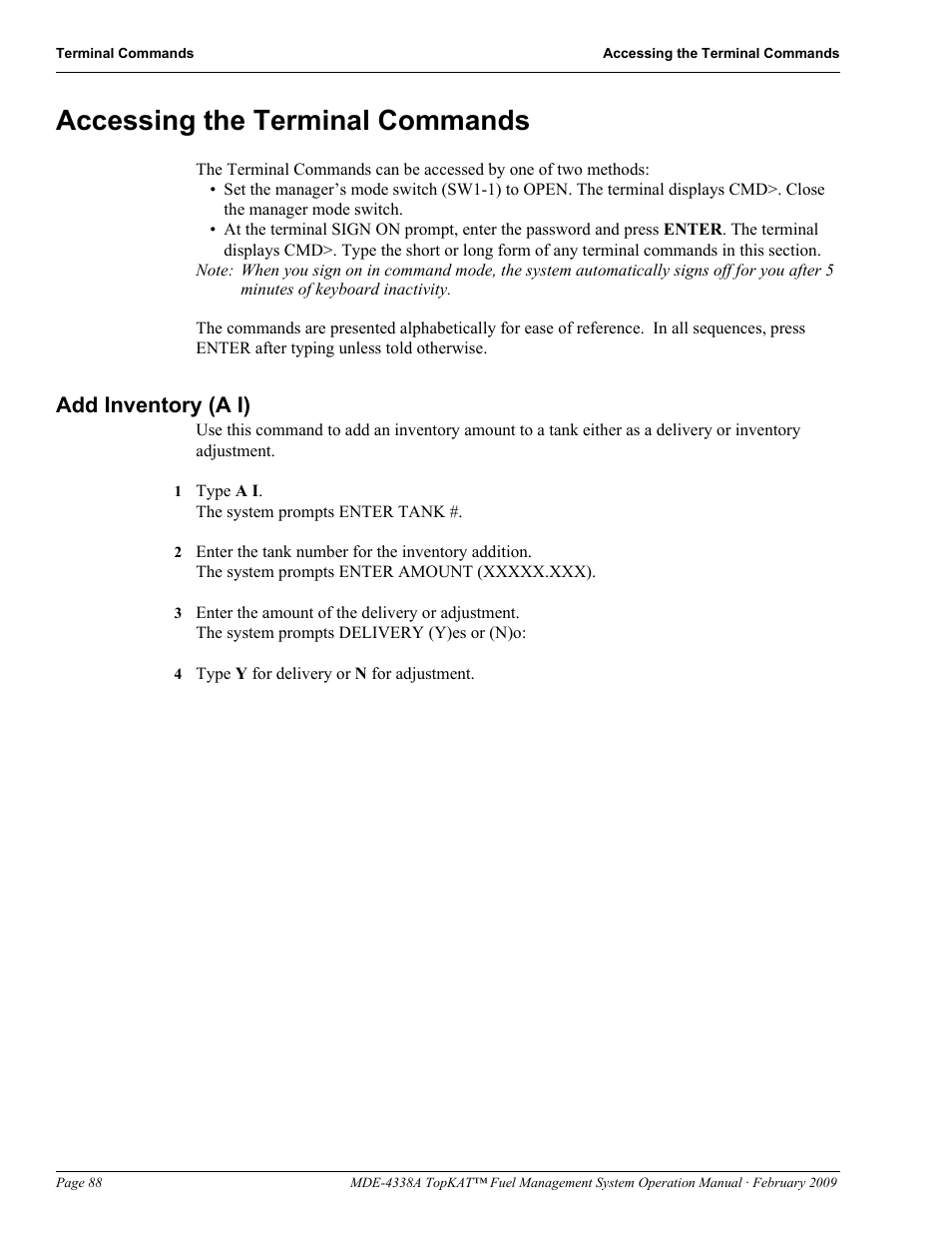 Accessing the terminal commands, Add inventory (a i) | Gasboy TopKAT Operation Manual User Manual | Page 96 / 160