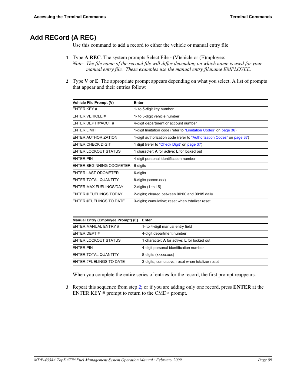 Add record (a rec) | Gasboy TopKAT Operation Manual User Manual | Page 97 / 160