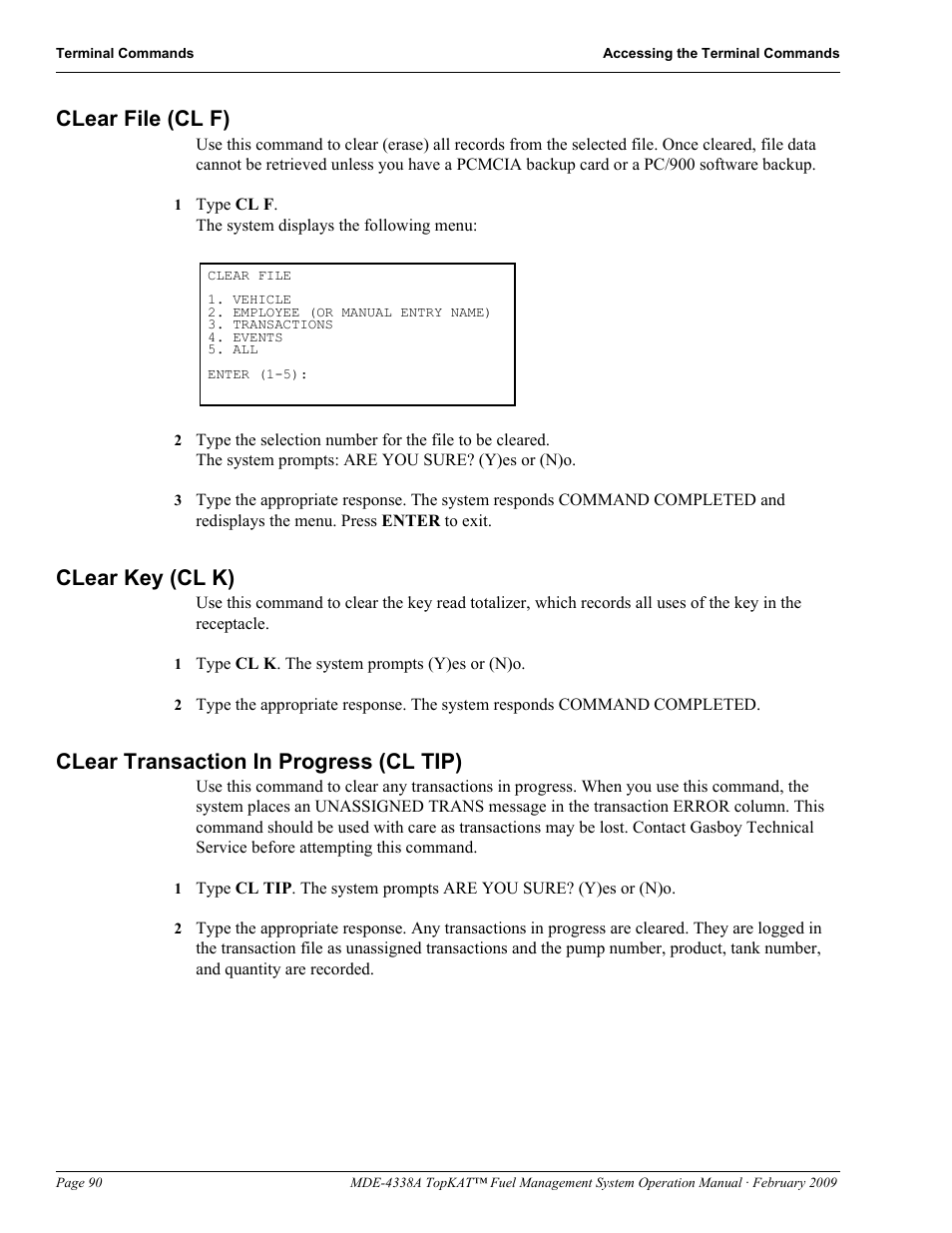 Clear file (cl f), Clear key (cl k), Clear transaction in progress (cl tip) | Gasboy TopKAT Operation Manual User Manual | Page 98 / 160