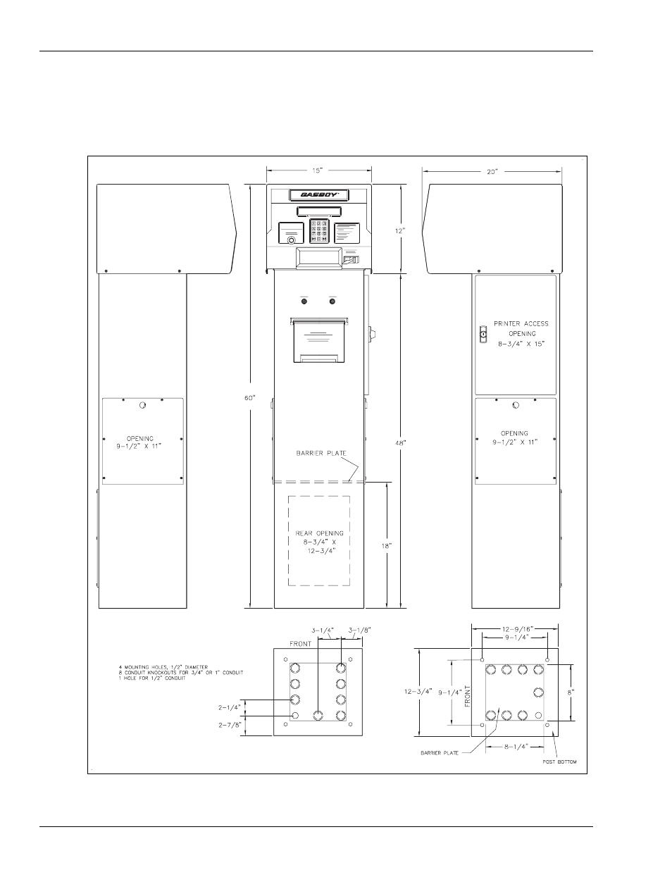 System dimensions - unit with receipt printer | Gasboy 1000 Series Fuel Management System Installation User Manual | Page 16 / 68