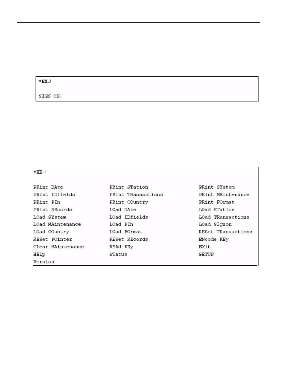 Exit (ex), Help (he), Load country (lo co) | Exit (ex) help (he) load country (lo co) | Gasboy FMS KE200 User Manual | Page 46 / 96