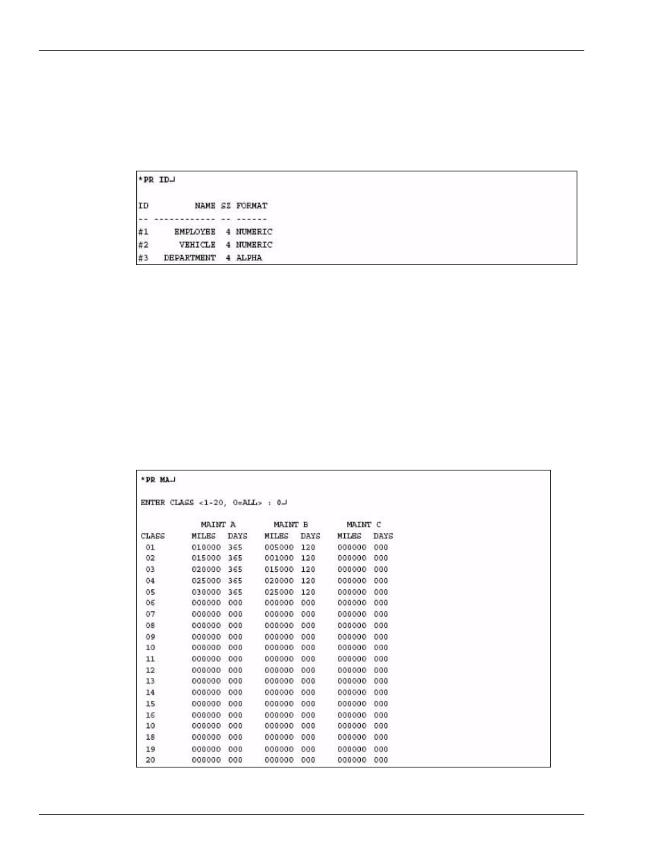 Print idfields (pr id), Print maintenance (pr ma) (1000 fleetkey only) | Gasboy FMS KE200 User Manual | Page 58 / 96