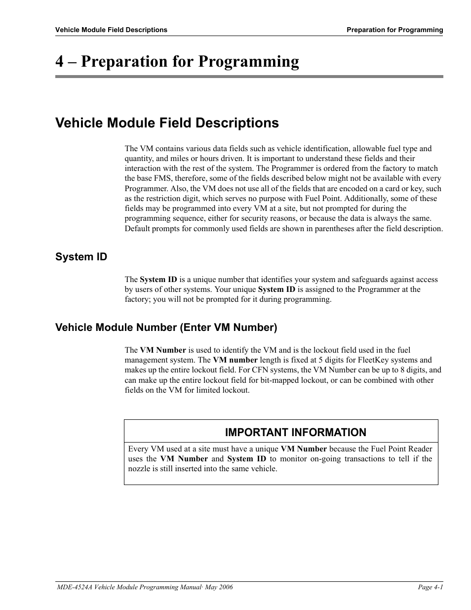 4 - preparation for programming, Vehicle module field descriptions, System id | Vehicle module number (enter vm number), 4 – preparation for programming, Vehicle module field descriptions -1 | Gasboy Fuel Point Vehicle Module User Manual | Page 15 / 48