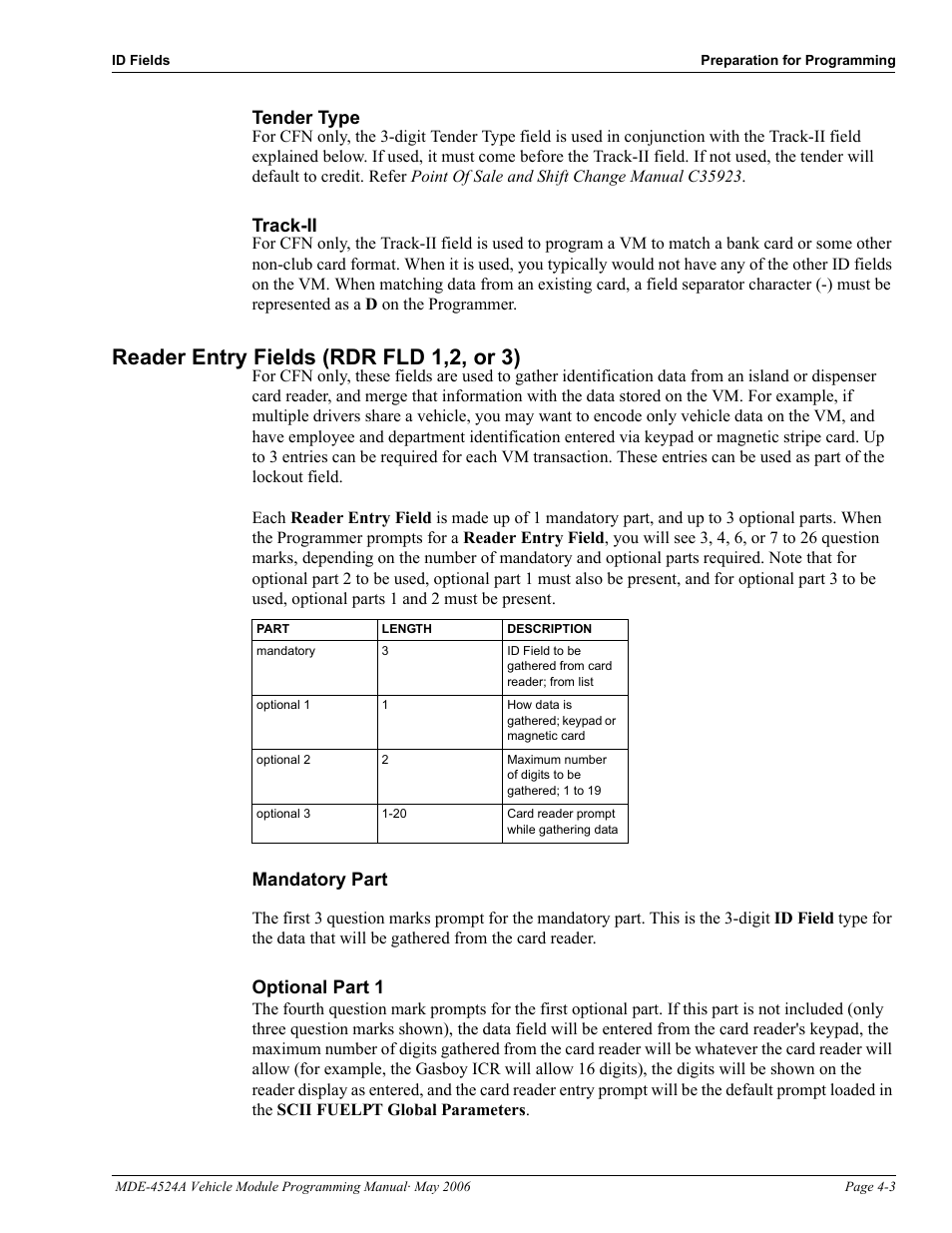 Tender type, Track-ii, Reader entry fields (rdr fld 1,2, or 3) | Mandatory part, Optional part 1, Reader entry fields (rdr fld 1,2, or 3) -3 | Gasboy Fuel Point Vehicle Module User Manual | Page 17 / 48