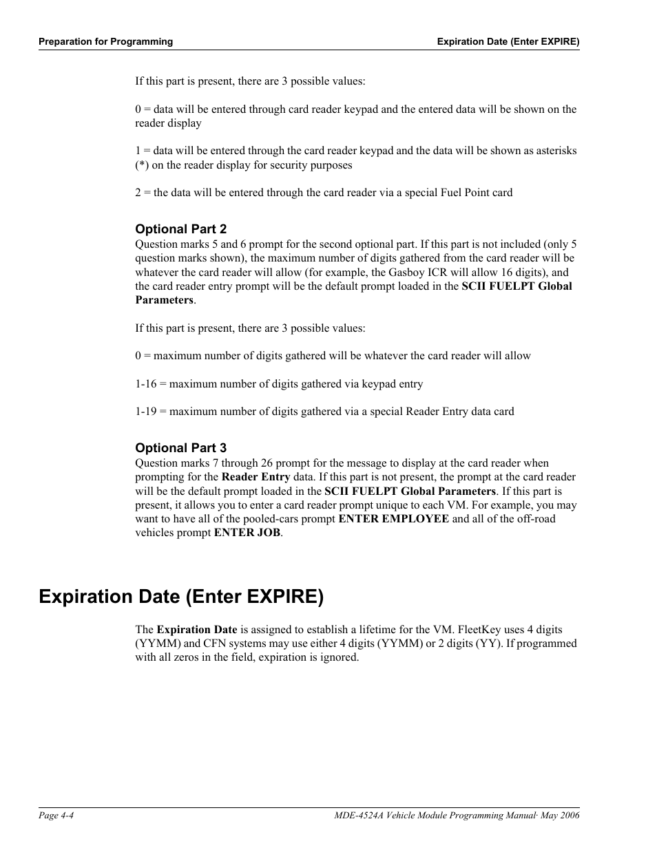 Optional part 2, Optional part 3, Expiration date (enter expire) | Expiration date (enter expire) -4 | Gasboy Fuel Point Vehicle Module User Manual | Page 18 / 48