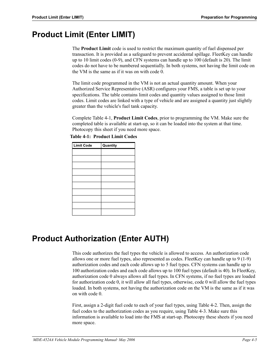 Product limit (enter limit), Table 4-1: product limit codes, Product authorization (enter auth) | Product limit (enter limit) -5, Product authorization (enter auth) -5 | Gasboy Fuel Point Vehicle Module User Manual | Page 19 / 48