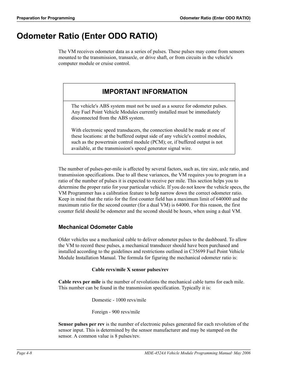 Odometer ratio (enter odo ratio), Mechanical odometer cable, Odometer ratio (enter odo ratio) -8 | Important information | Gasboy Fuel Point Vehicle Module User Manual | Page 22 / 48