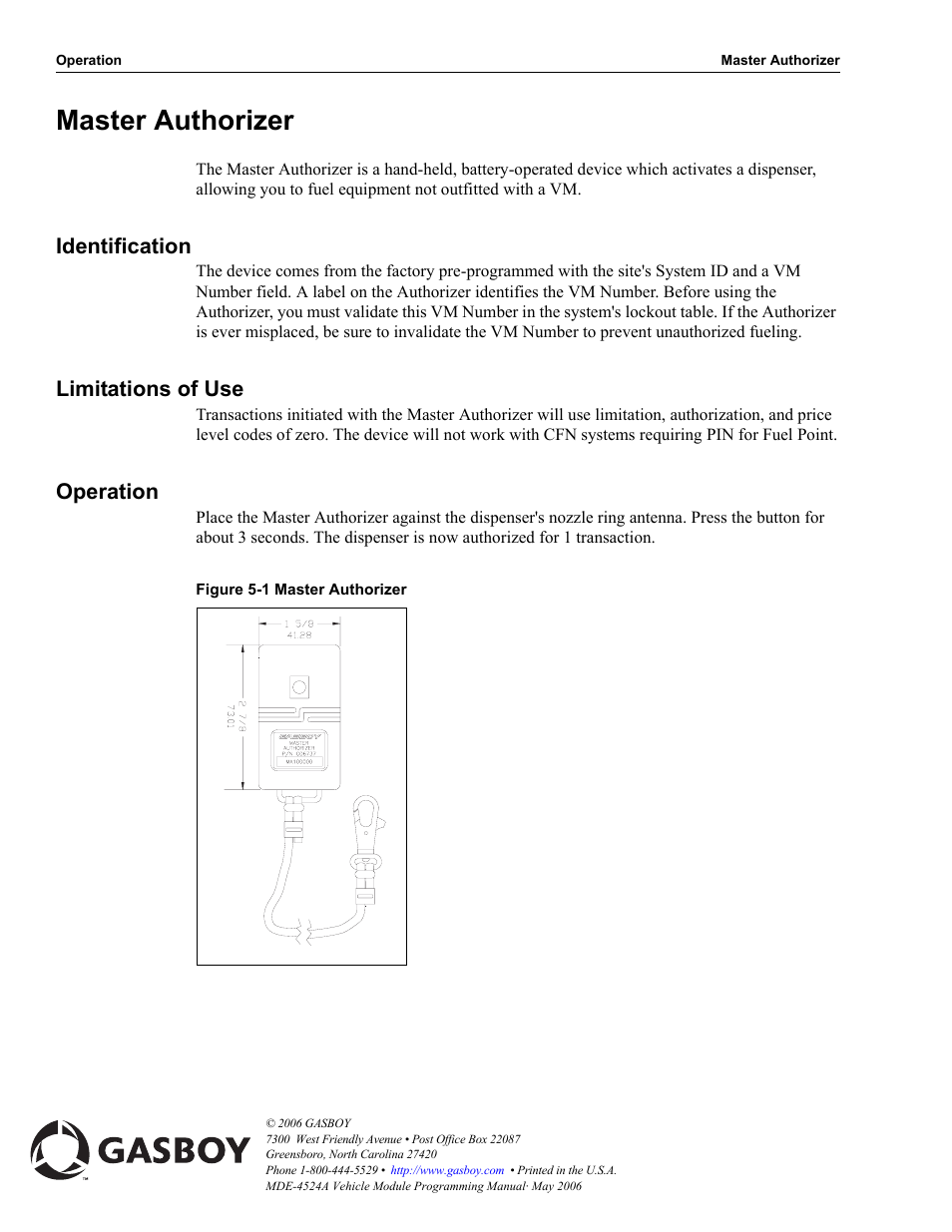 Master authorizer, Identification, Limitations of use | Operation, Master authorizer -20 | Gasboy Fuel Point Vehicle Module User Manual | Page 48 / 48
