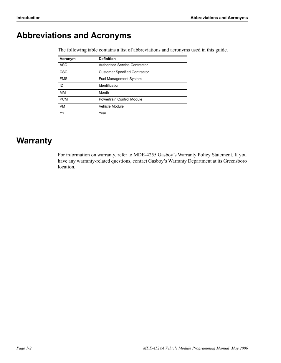 Abbreviations and acronyms, Warranty, Abbreviations and acronyms -2 | Warranty -2 | Gasboy Fuel Point Vehicle Module User Manual | Page 6 / 48