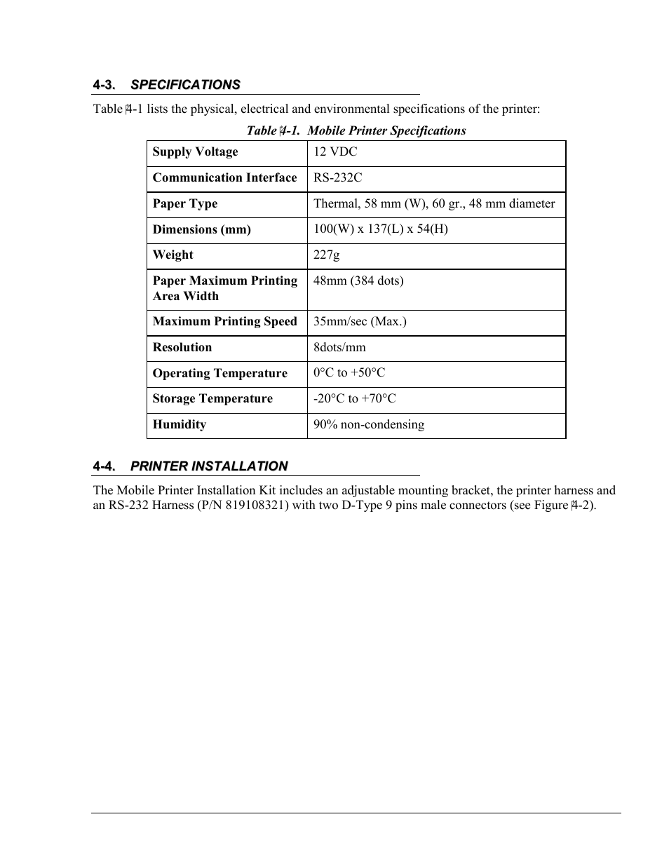 Table ‎4-1. mobile printer specifications | Gasboy Fuel Truck Controller User Manual | Page 65 / 89