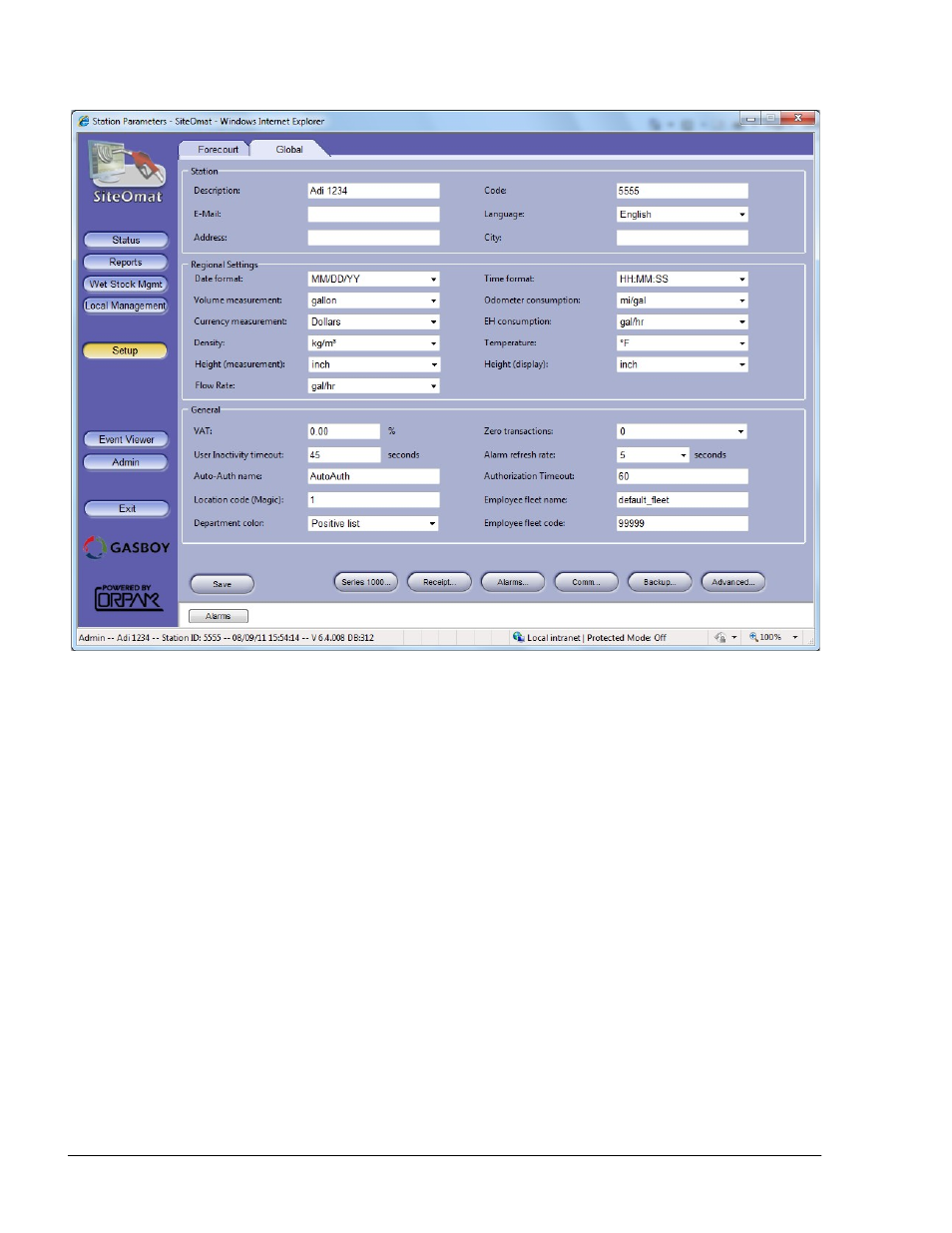 Figure 6-1. station parameters screen – global tab | Gasboy SiteOmat Maintenance Manual User Manual | Page 112 / 298