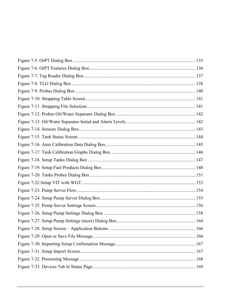 List of illustrations, Figure page, Figure 7-5. orpt dialog box | Figure 7-6. orpt features dialog box, Figure 7-7. tag reader dialog box, Figure 7-8. tlg dialog box, Figure 7-9. probes dialog box, Figure 7-10. strapping table screen, Figure 7-11. strapping file selection, Figure 7-12. probes oil/water separator dialog box | Gasboy SiteOmat Maintenance Manual User Manual | Page 18 / 298