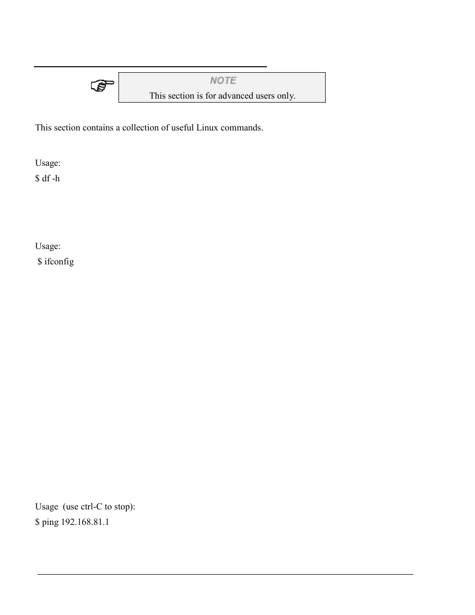 6. linux commands, Usage, Df -h | Ifconfig, Usage (use ctrl-c to stop) | Gasboy SiteOmat Maintenance Manual User Manual | Page 224 / 298