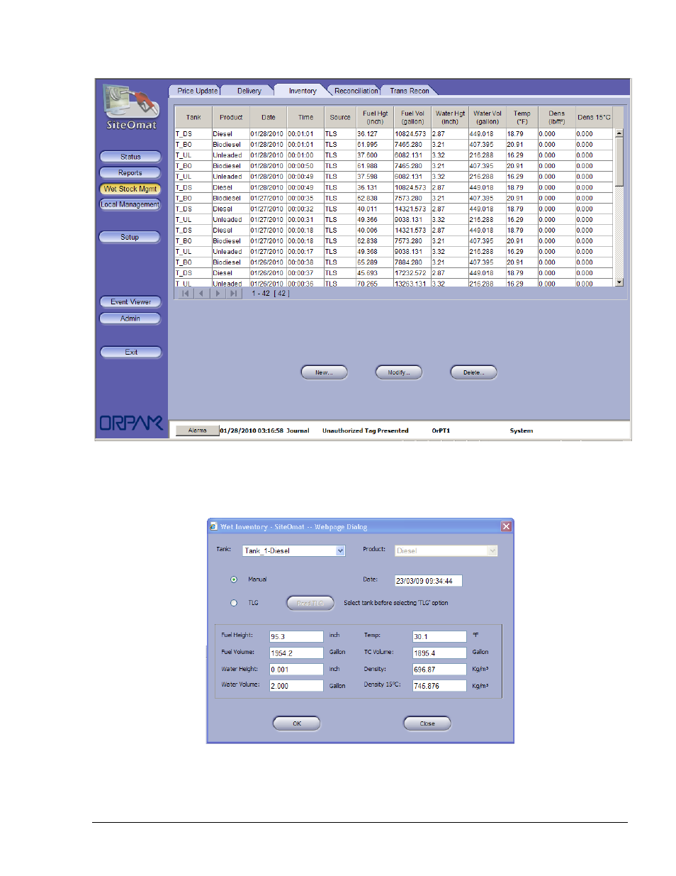 Figure 6-10. inventory screen, Figure 6-11. wet inventory dialog box | Gasboy SiteOmat Users Manual User Manual | Page 101 / 148