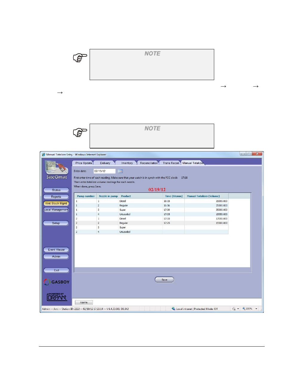 Figure 6-14. manual totalizer entry screen | Gasboy SiteOmat Users Manual User Manual | Page 105 / 148