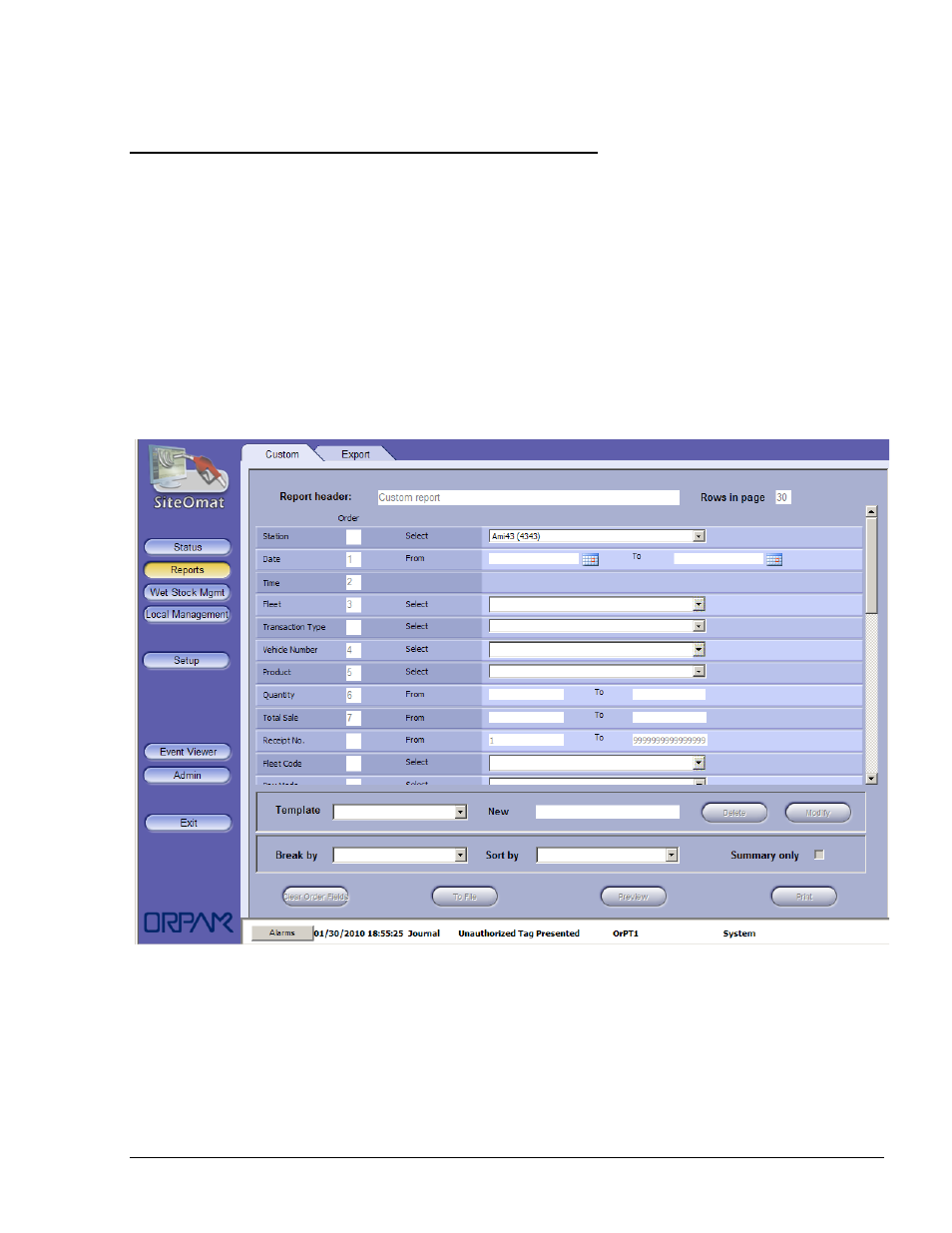2. custom reports, 2.1. report header, Figure 7-1. custom report screen | Gasboy SiteOmat Users Manual User Manual | Page 109 / 148