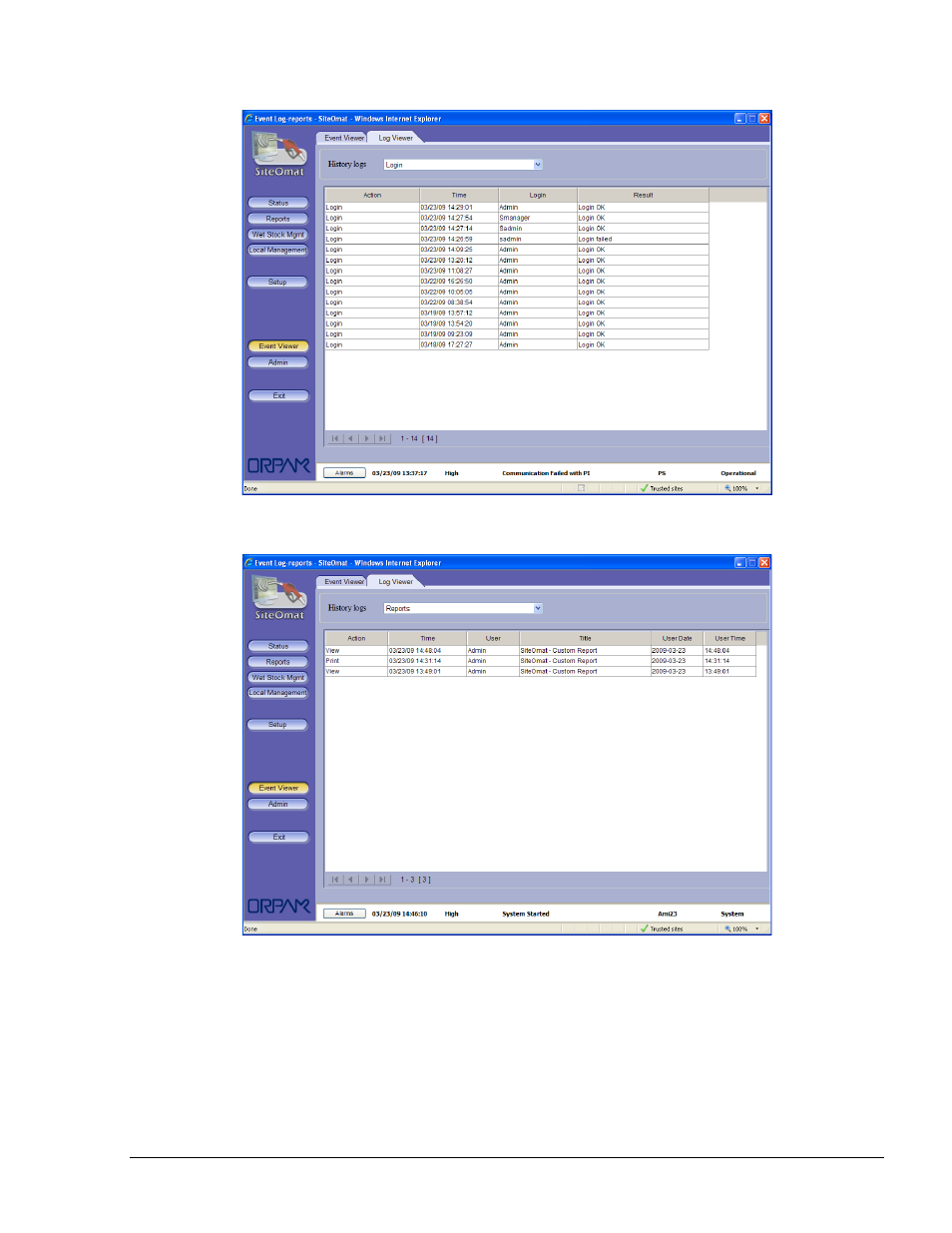 Figure 8-2. history login logs viewer, Figure 8-3. history reports logs viewer | Gasboy SiteOmat Users Manual User Manual | Page 127 / 148