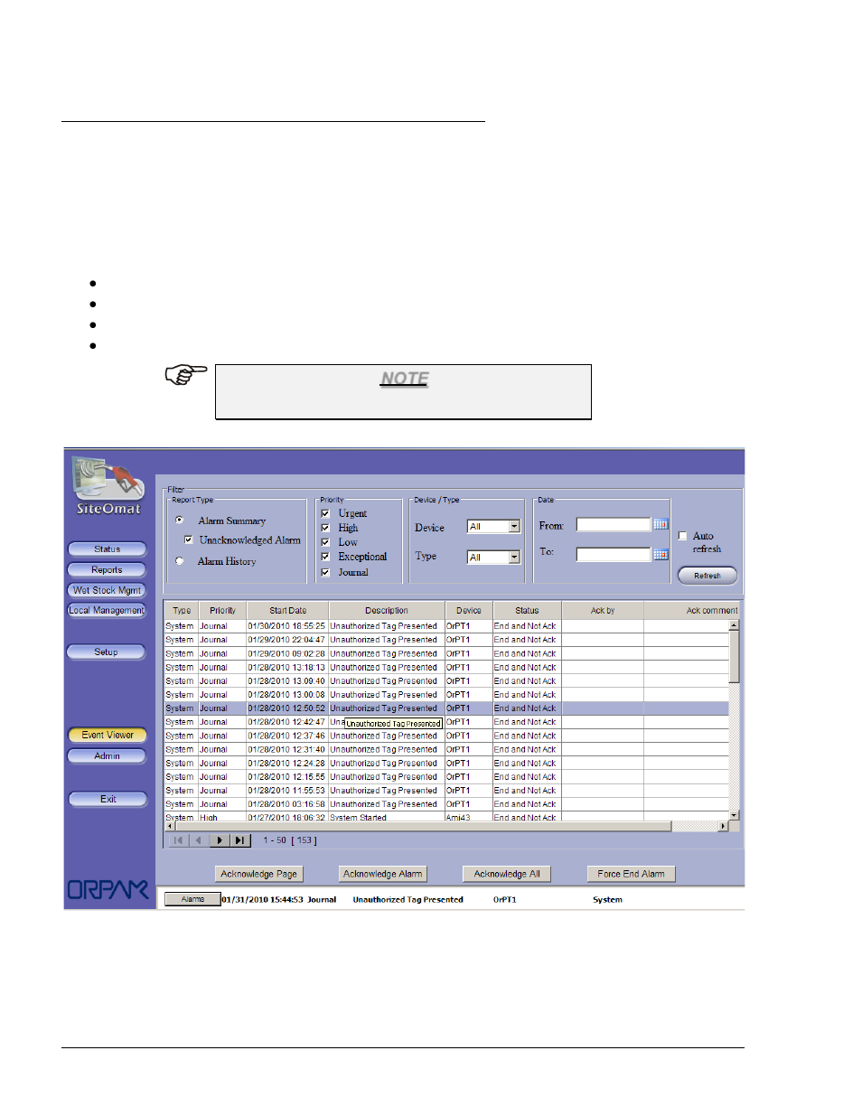 4. alarms screen, Figure 8-4. alarm screen | Gasboy SiteOmat Users Manual User Manual | Page 128 / 148