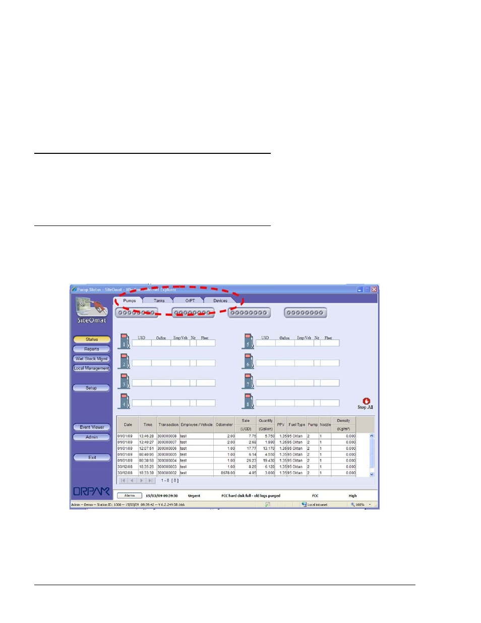 4 monitoring station status, 1. general, 2. station monitoring | Figure 4-1. status – pumps screen, 4monitoring station status | Gasboy SiteOmat Users Manual User Manual | Page 32 / 148