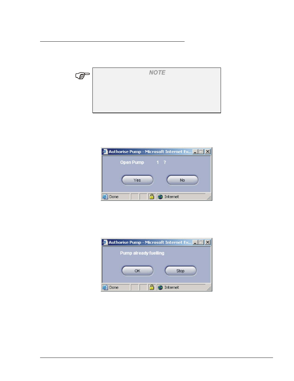 4. refueling through screens, 4.1. starting refueling, Figure 4-3. start refueling confirmation message | Figure 4-4. pump busy message | Gasboy SiteOmat Users Manual User Manual | Page 37 / 148