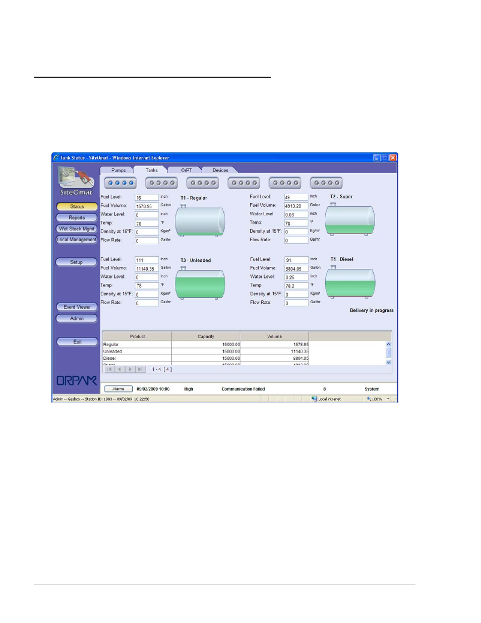 5. tank status, 5.1. tank status window elements, Figure 4-9. station - tanks screen | Gasboy SiteOmat Users Manual User Manual | Page 40 / 148