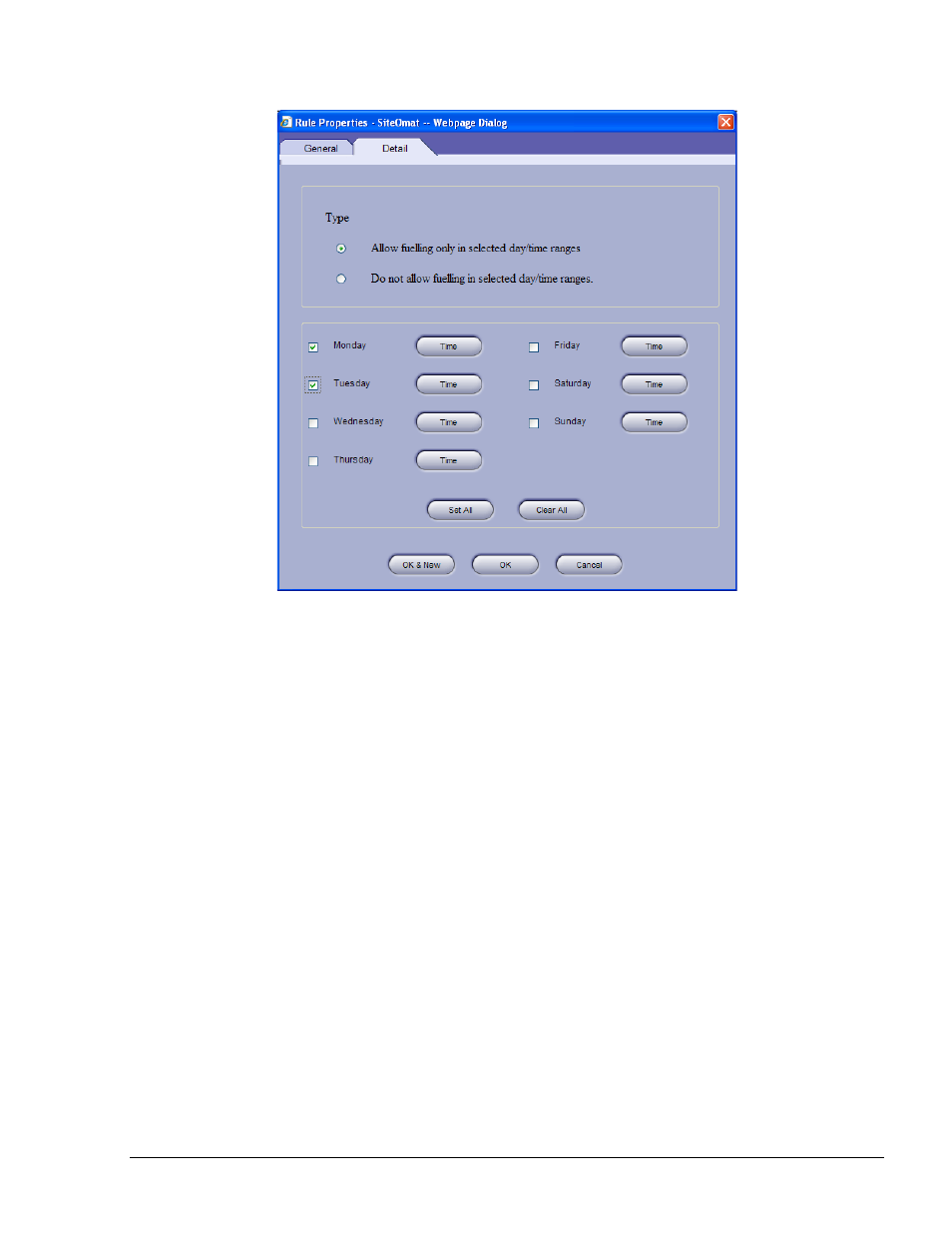 Figure 5-5. time range rule detail tab | Gasboy SiteOmat Users Manual User Manual | Page 53 / 148