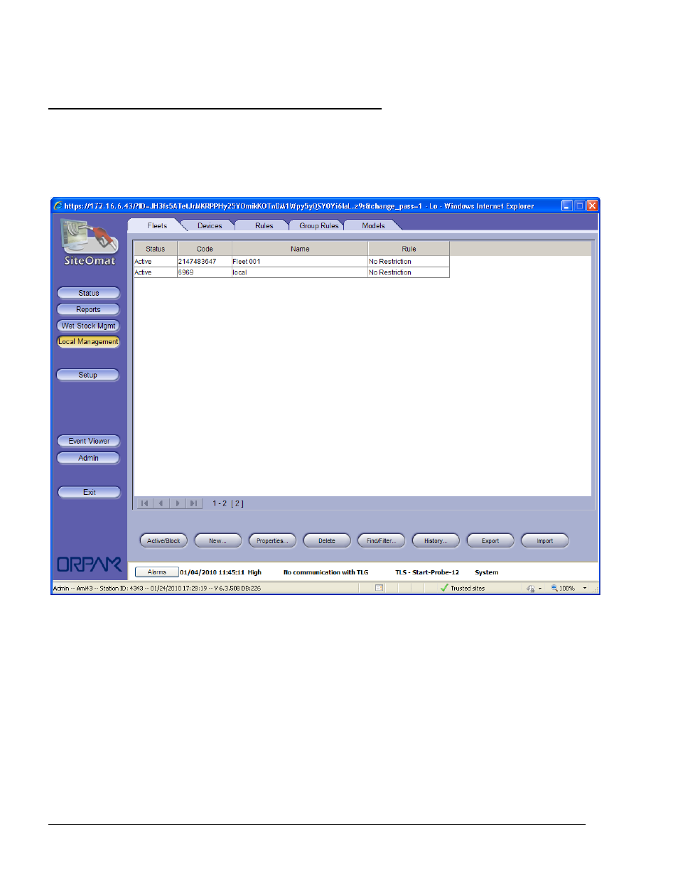 6. fleet management, 6.1. creating a new fleet, Figure 5-13. local management fleets screen | Gasboy SiteOmat Users Manual User Manual | Page 62 / 148