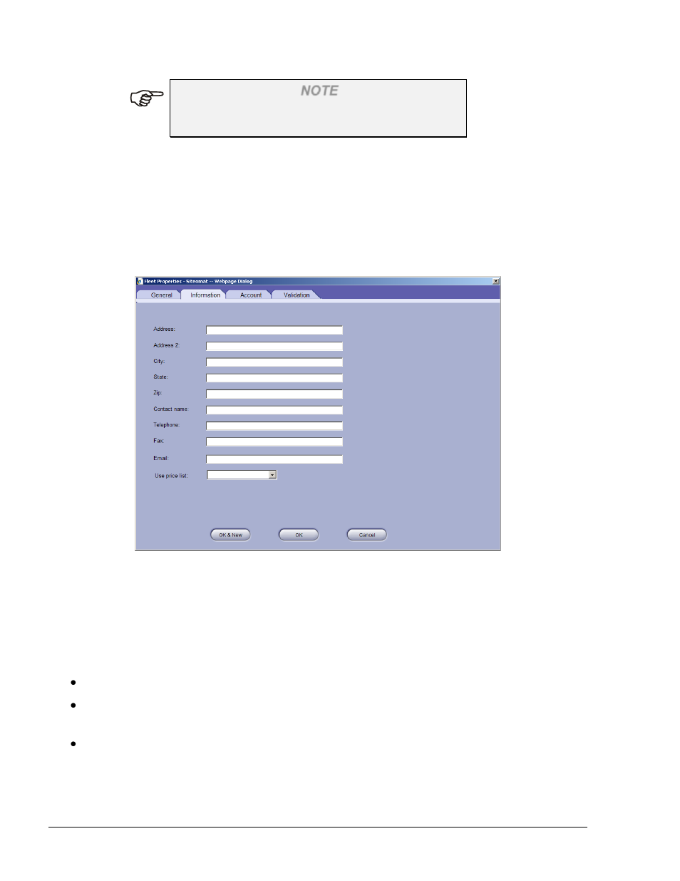 6.3. new fleet – information tab, 6.4. new fleet – account tab, Figure 5-15. fleet properties – information tab | Gasboy SiteOmat Users Manual User Manual | Page 64 / 148