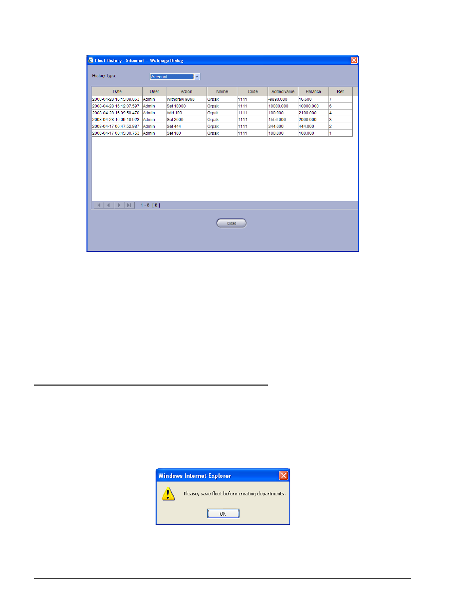 6.7. saving a fleet definition, 7. departments management, Figure 5-21. fleet history dialog box | Figure 5-22. department definition – error message, Ee figure 5-21) | Gasboy SiteOmat Users Manual User Manual | Page 70 / 148