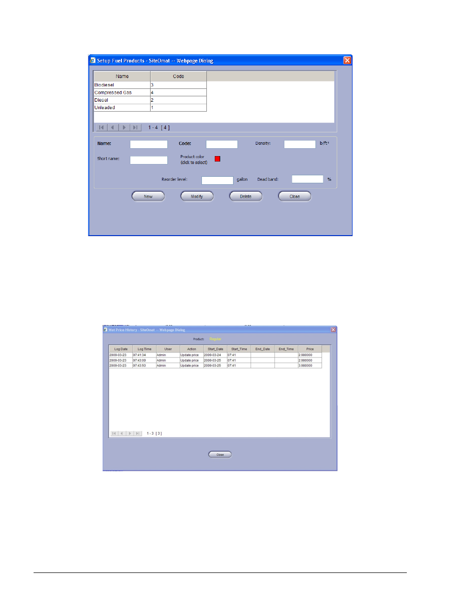 2.2. price history, 2.3. price lists, 2.3.1. general | Figure 6-2. setup fuel products dialog box, Figure 6-3. price history window, Ph 6-2.3) | Gasboy SiteOmat Users Manual User Manual | Page 92 / 148