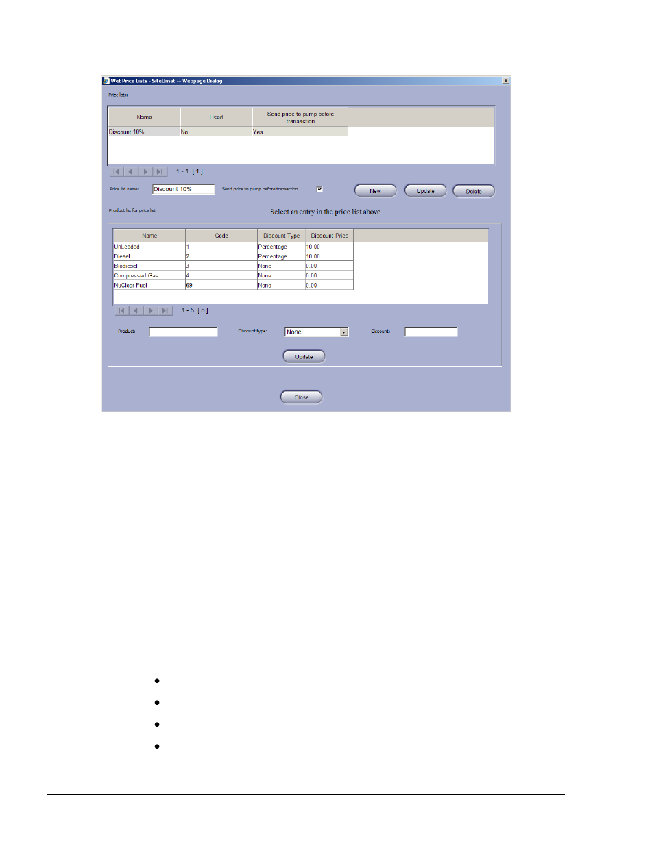 Figure 6-4. wet price lists dialog box | Gasboy SiteOmat Users Manual User Manual | Page 94 / 148