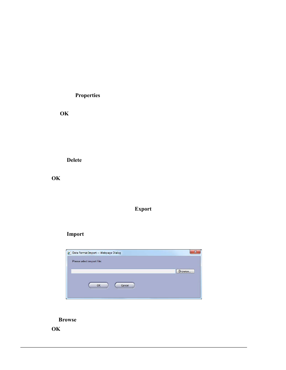Modifying card format properties, Deleting a card format, Export/import card formats | Figure 6-16. data format import dialog box | Gasboy Fleet Head Office System User Manual | Page 102 / 370
