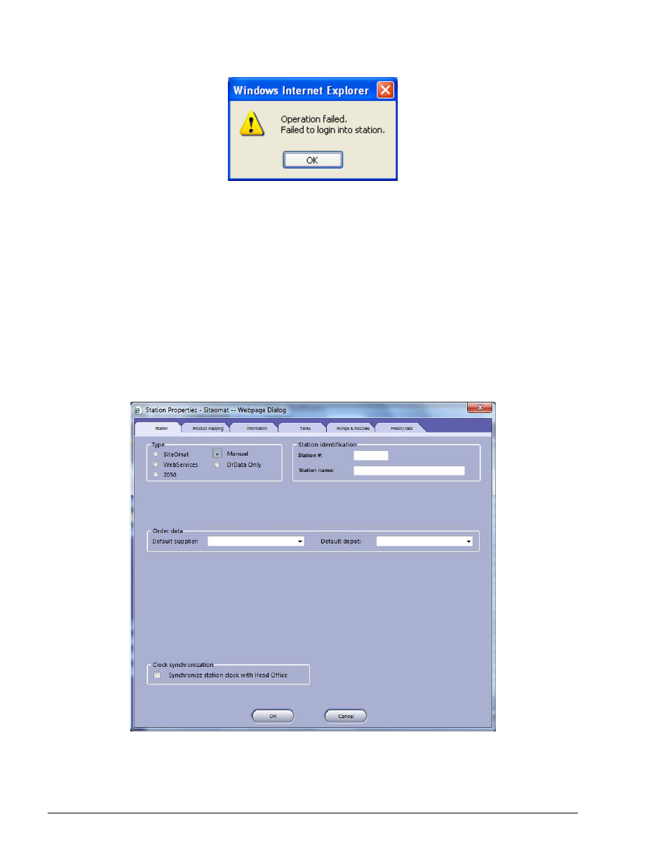 Selecting different station type, Figure 6-20. station add failure message | Gasboy Fleet Head Office System User Manual | Page 110 / 370