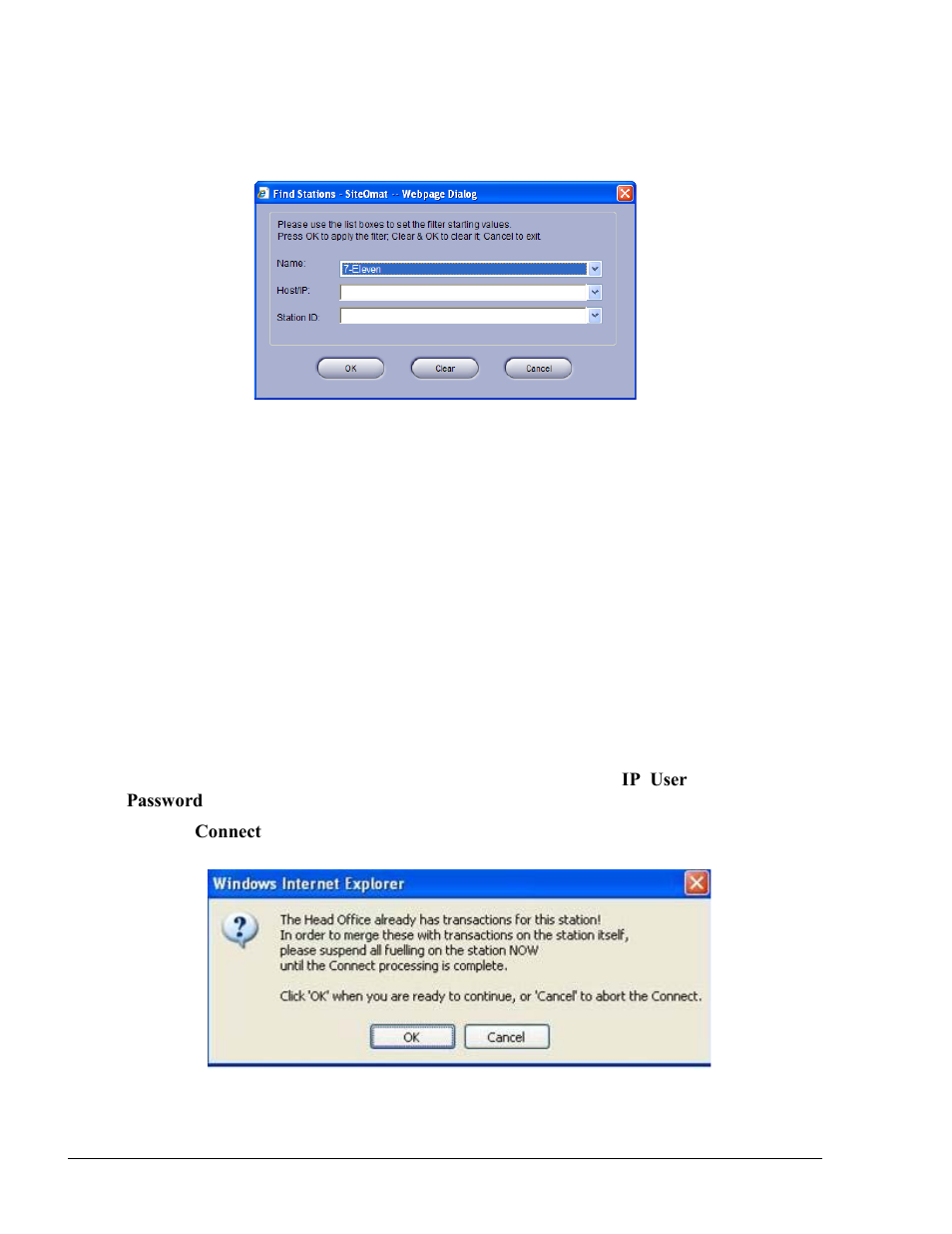 Manual update, Redefining a station, Figure 6-26. station list filtering dialog box | Figure 6-27. transactions database merging message | Gasboy Fleet Head Office System User Manual | Page 116 / 370