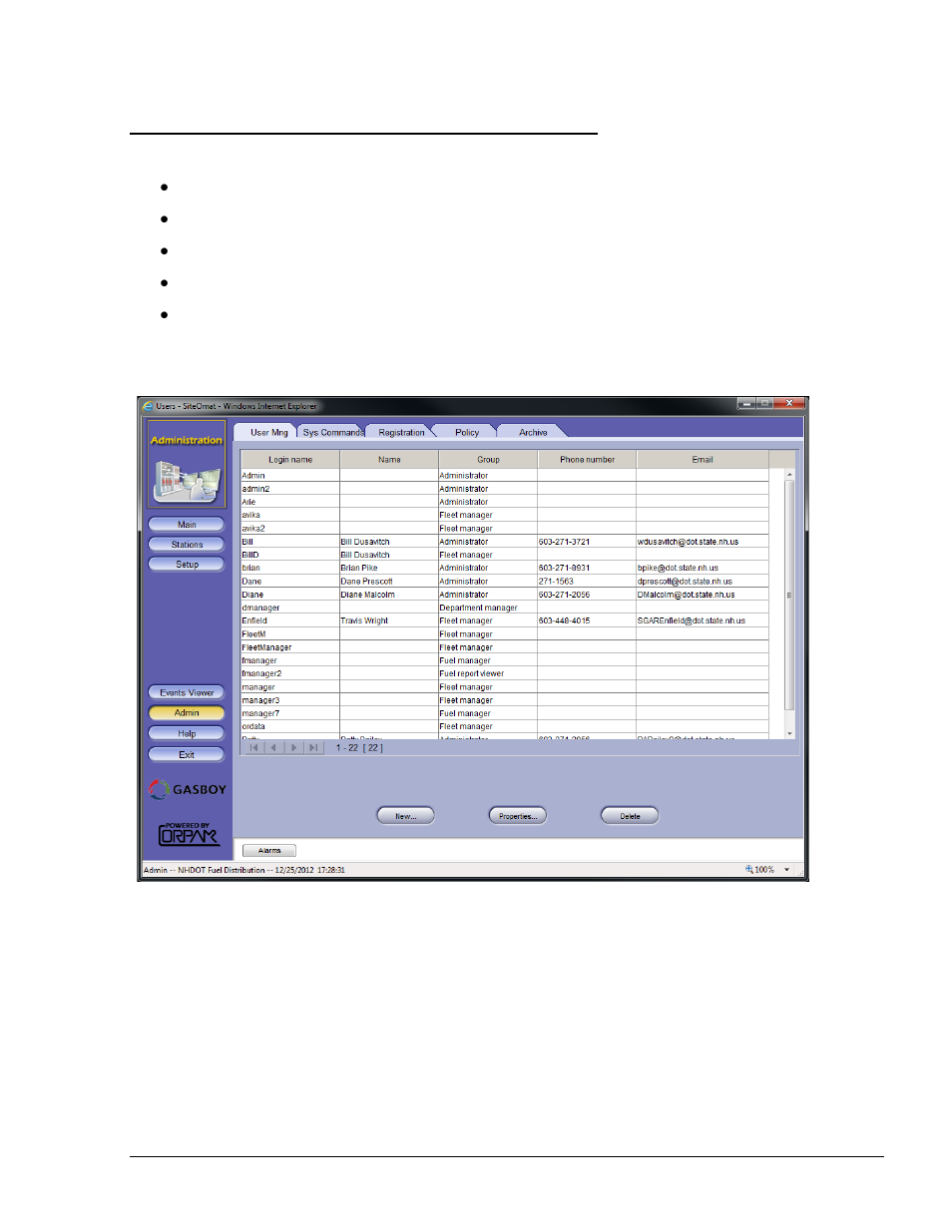 Administration section, User properties screen, General | Figure 6-33. administration screen | Gasboy Fleet Head Office System User Manual | Page 123 / 370