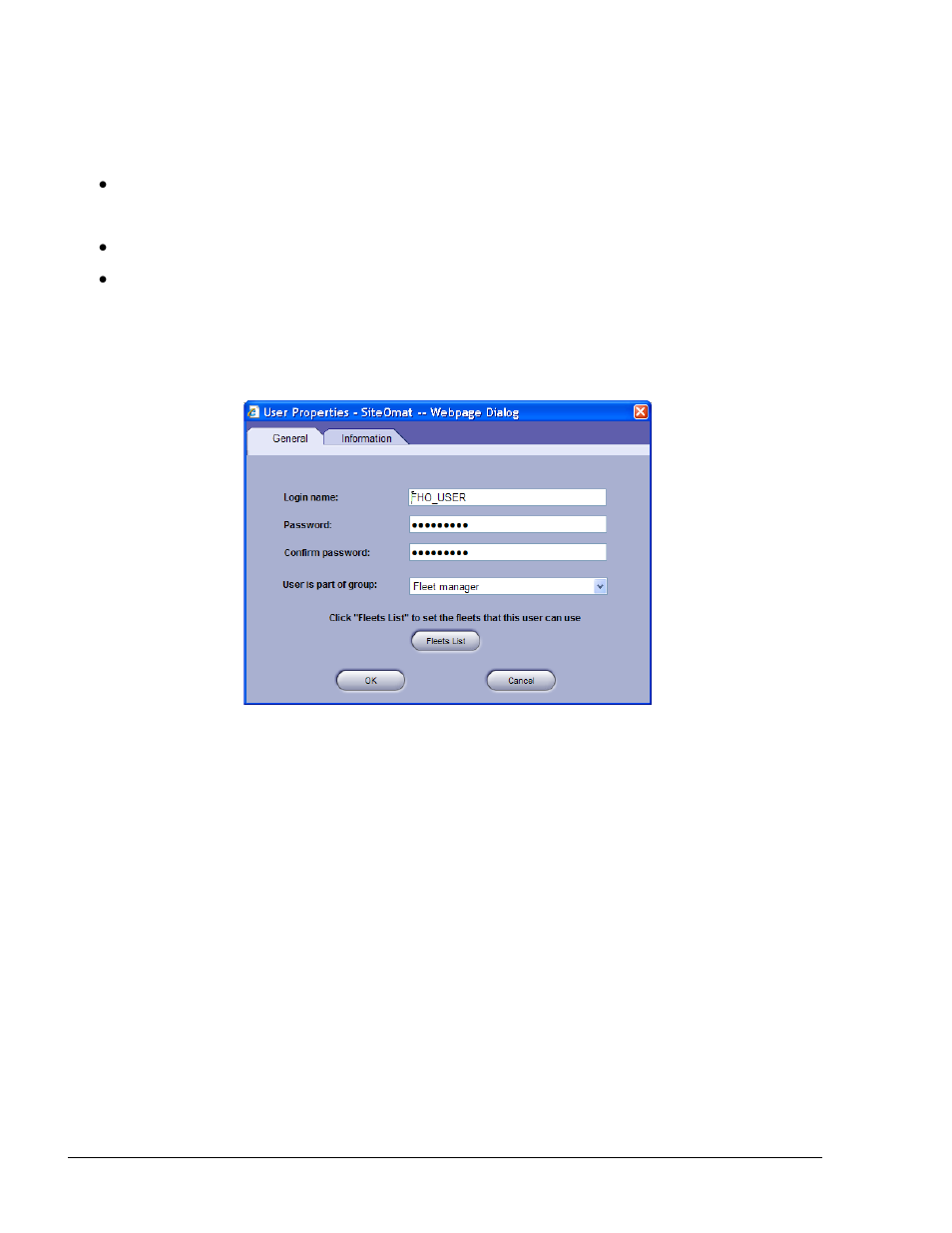 Adding a new user, General information on a new user, Figure 6-34. user properties dialog box | Gasboy Fleet Head Office System User Manual | Page 124 / 370