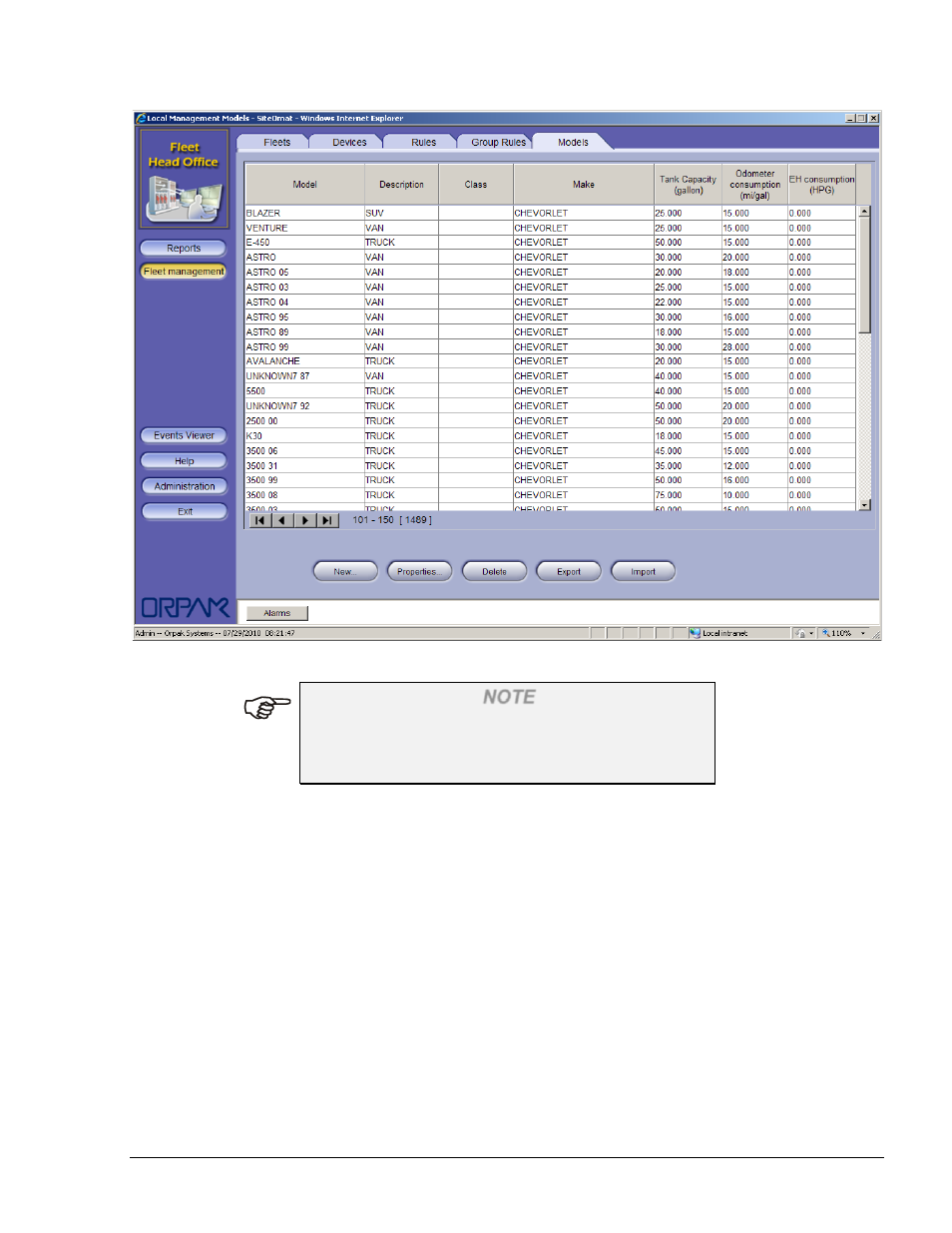 Defining a new model, Figure 7-3. local management models main screen | Gasboy Fleet Head Office System User Manual | Page 141 / 370